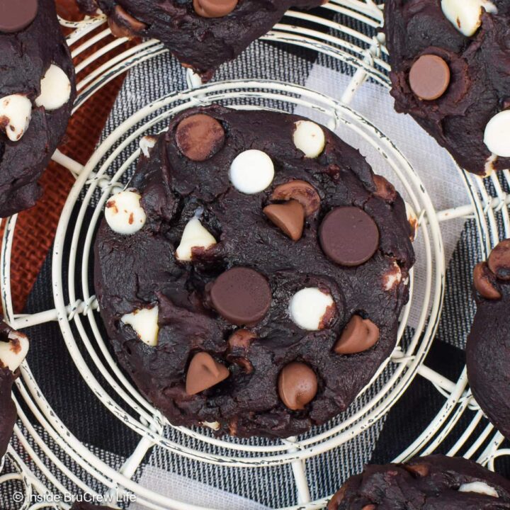 Overhead pictures of chocolate cookies with triple chips.