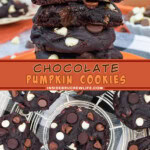 Two pictures of chocolate pumpkin cookies collaged with an orange text box.