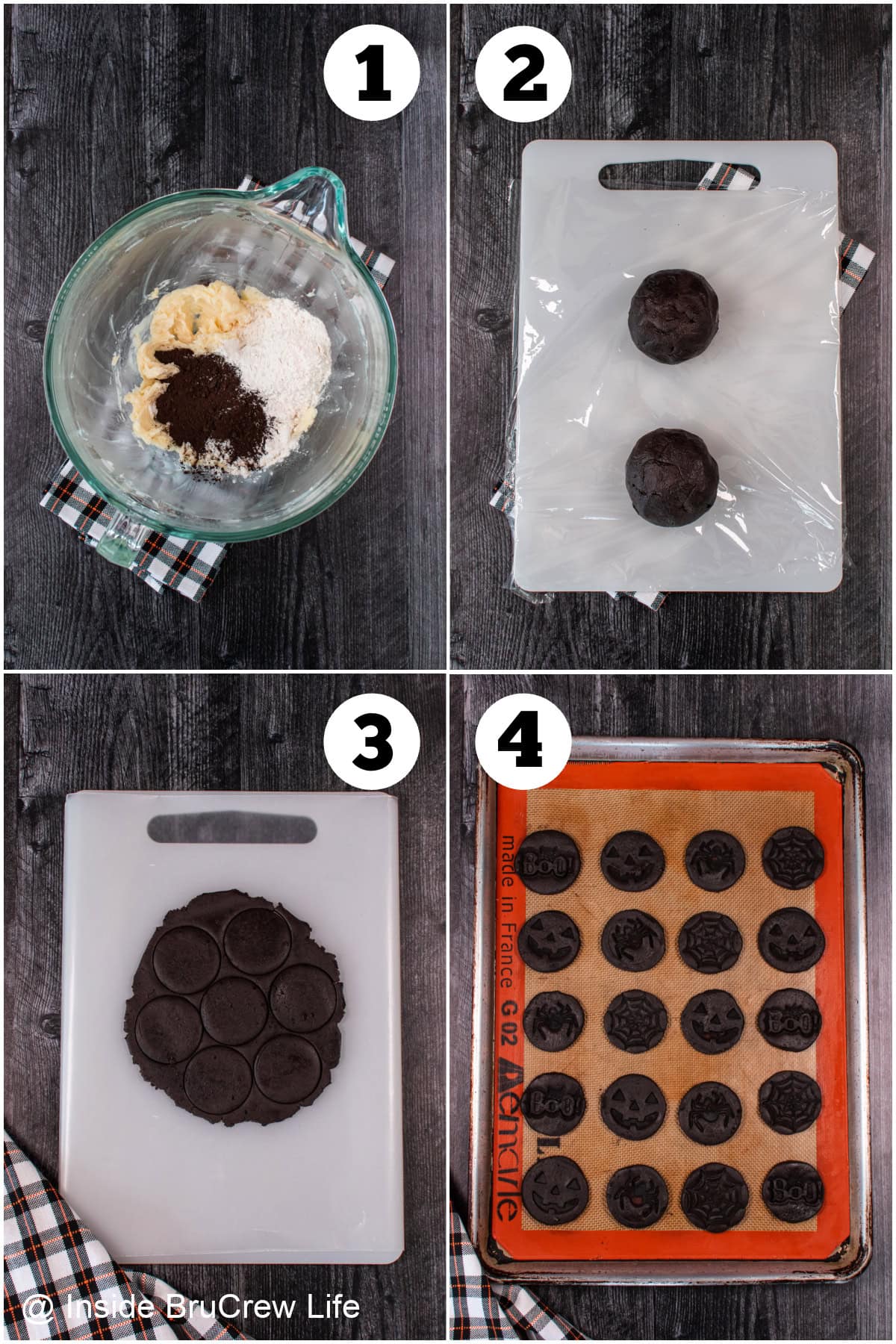 Four pictures collaged together showing how to make Oreo cookies.