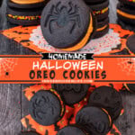 Two pictures of Halloween Oreo cookies collaged with an orange text box.