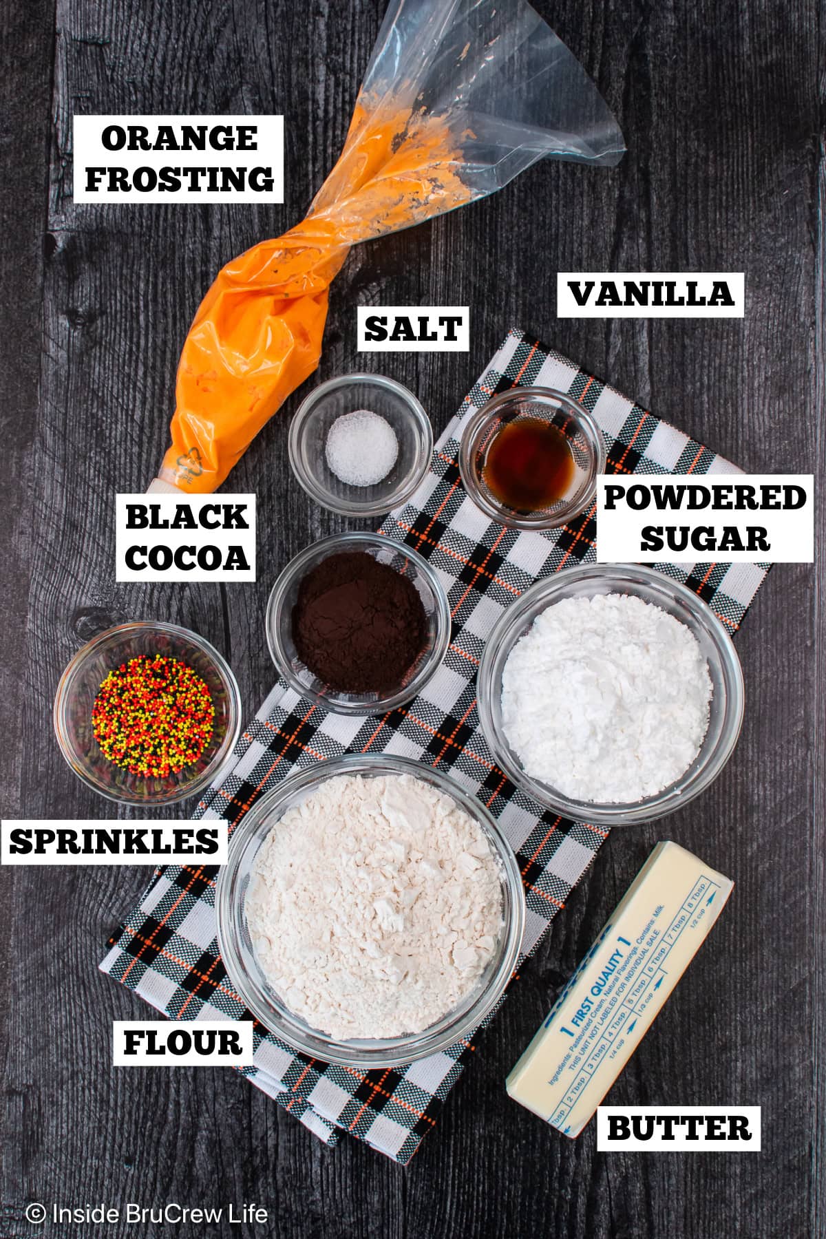 Bowls of ingredients needed to make homemade Oreos.