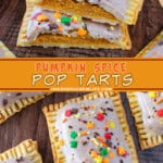 Two pictures of pumpkin spice pop tarts collaged with a yellow orange text box.