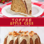 Two pictures of apple bundt cake collaged with a red text box.