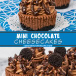 Two pictures of mini chocolate cheesecakes collaged with a blue text box.