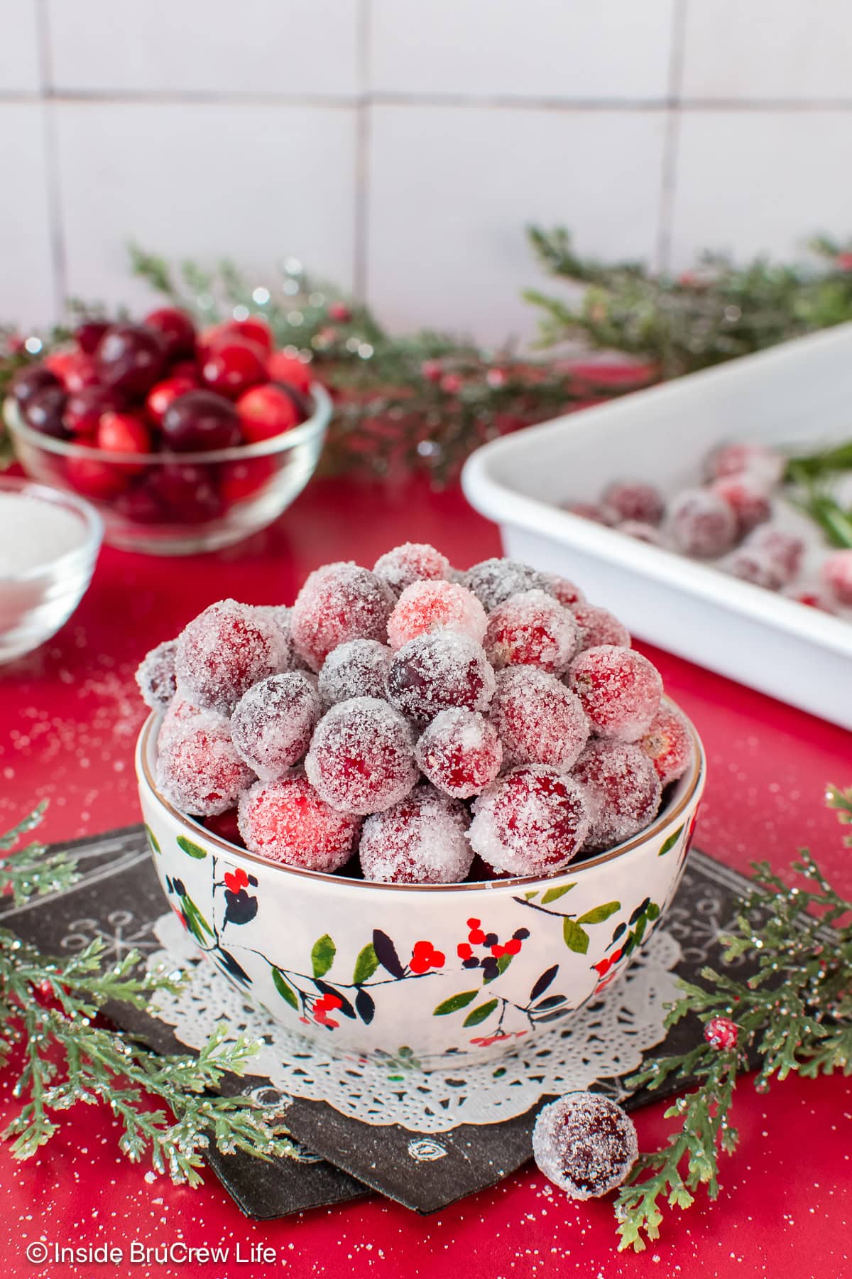 A white bowl filled with candied cranberries.