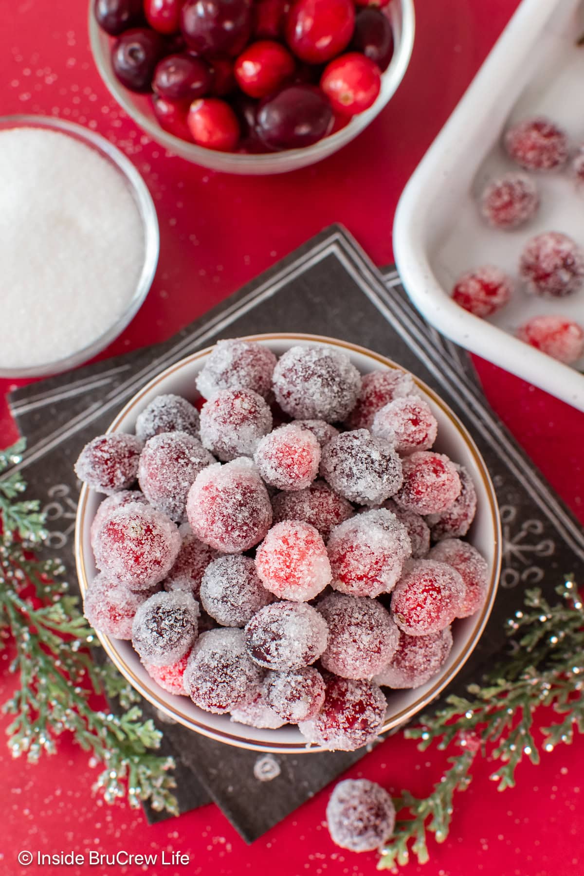 Overhead picture of a bowl filled with candied berries.