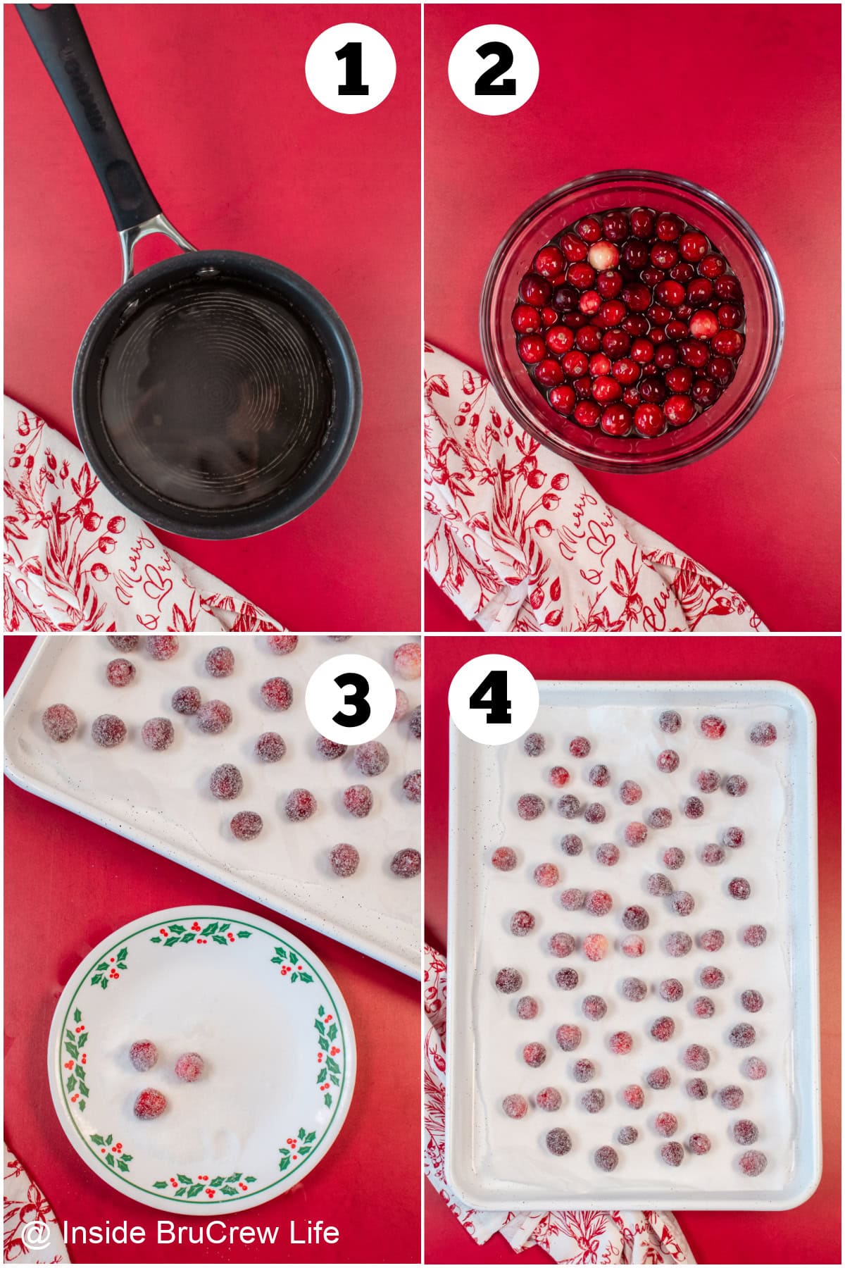 Four pictures collaged together showing how to coat berries in sugar.