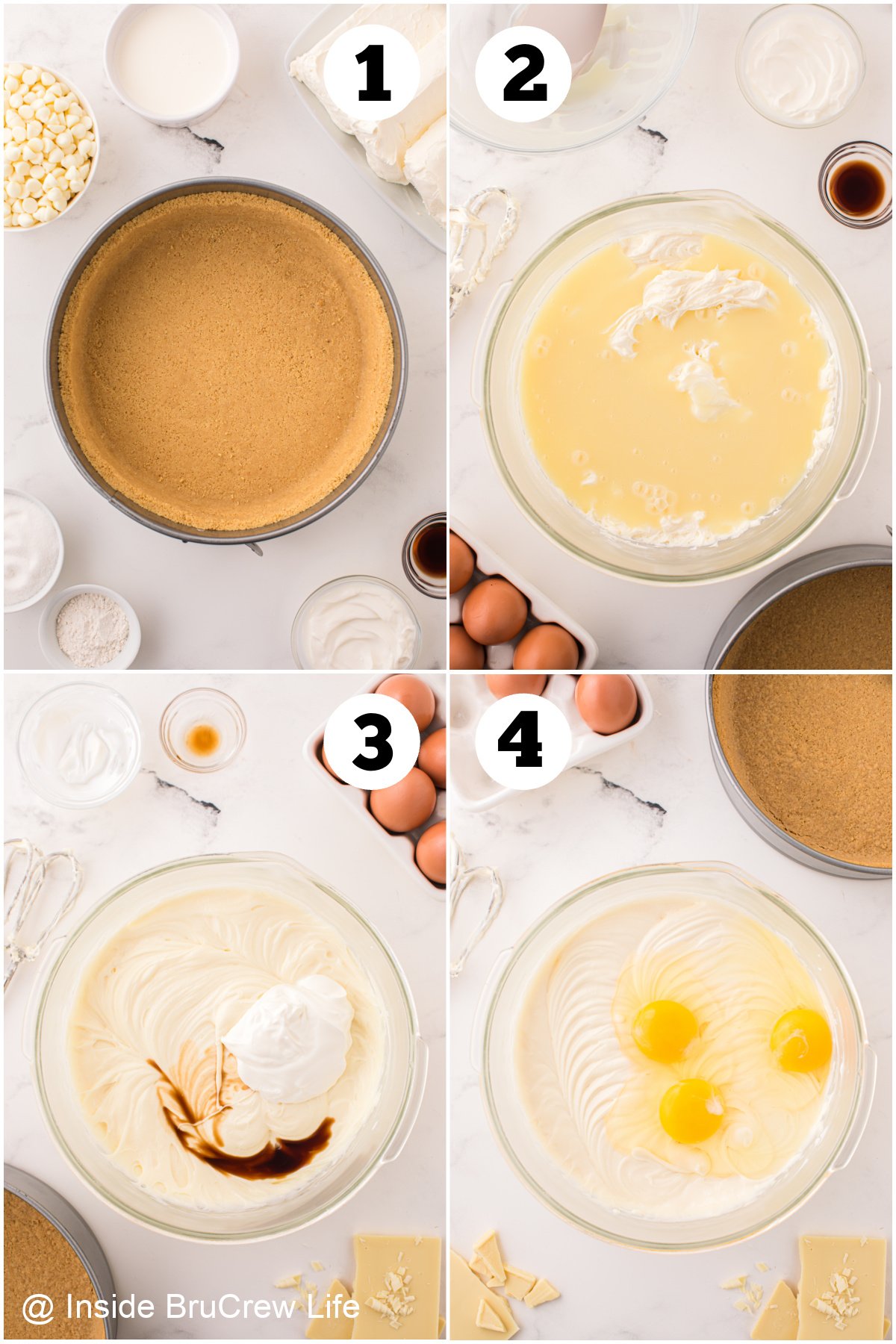 Four pictures collaged together showing how to make cheesecake batter.