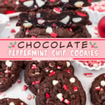 Two pictures of chocolate peppermint cookies collaged with a pink text box.