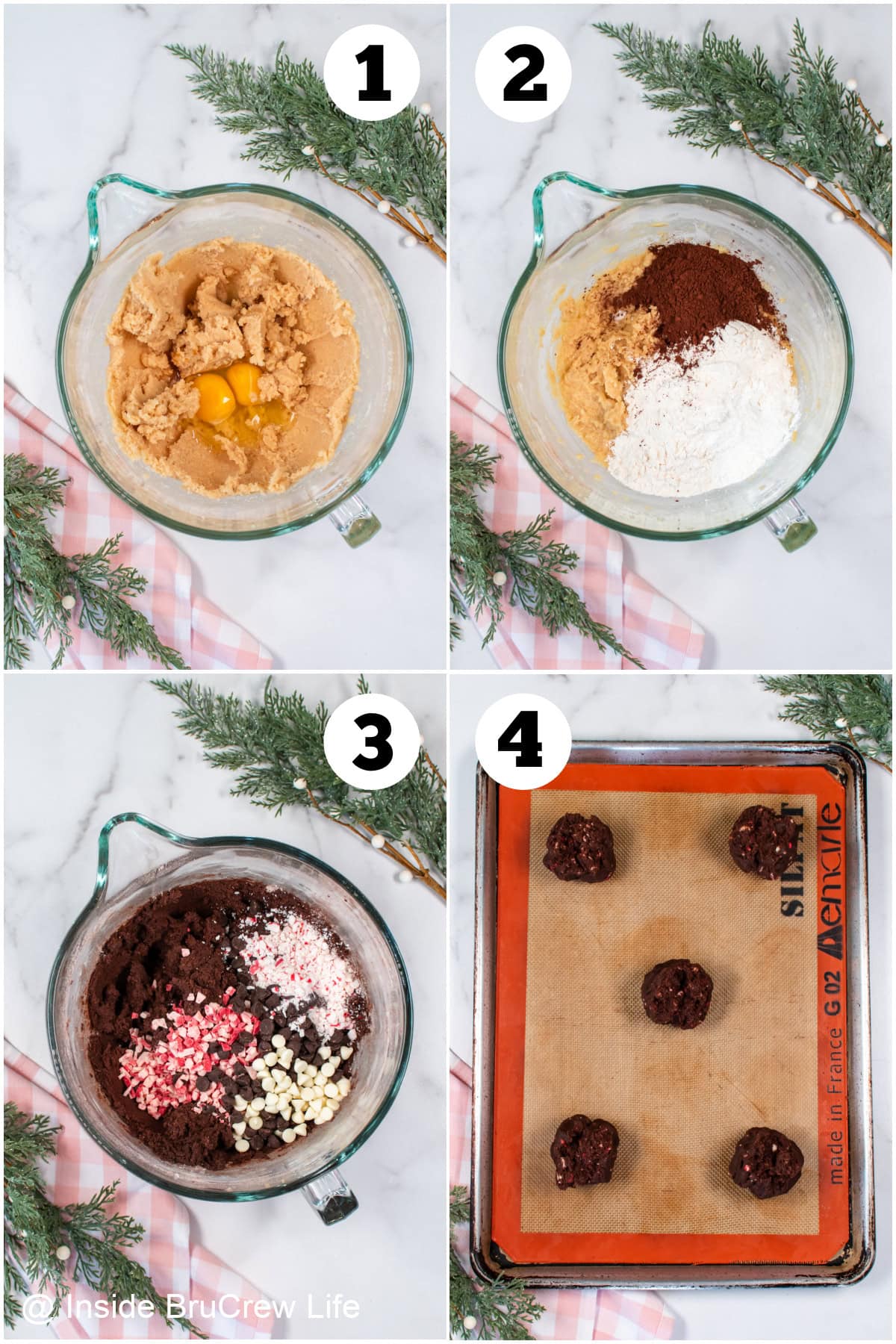 Four pictures collaged together showing how to make chocolate cookie dough.