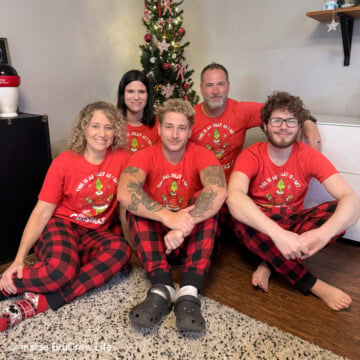 Family in red pajamas.