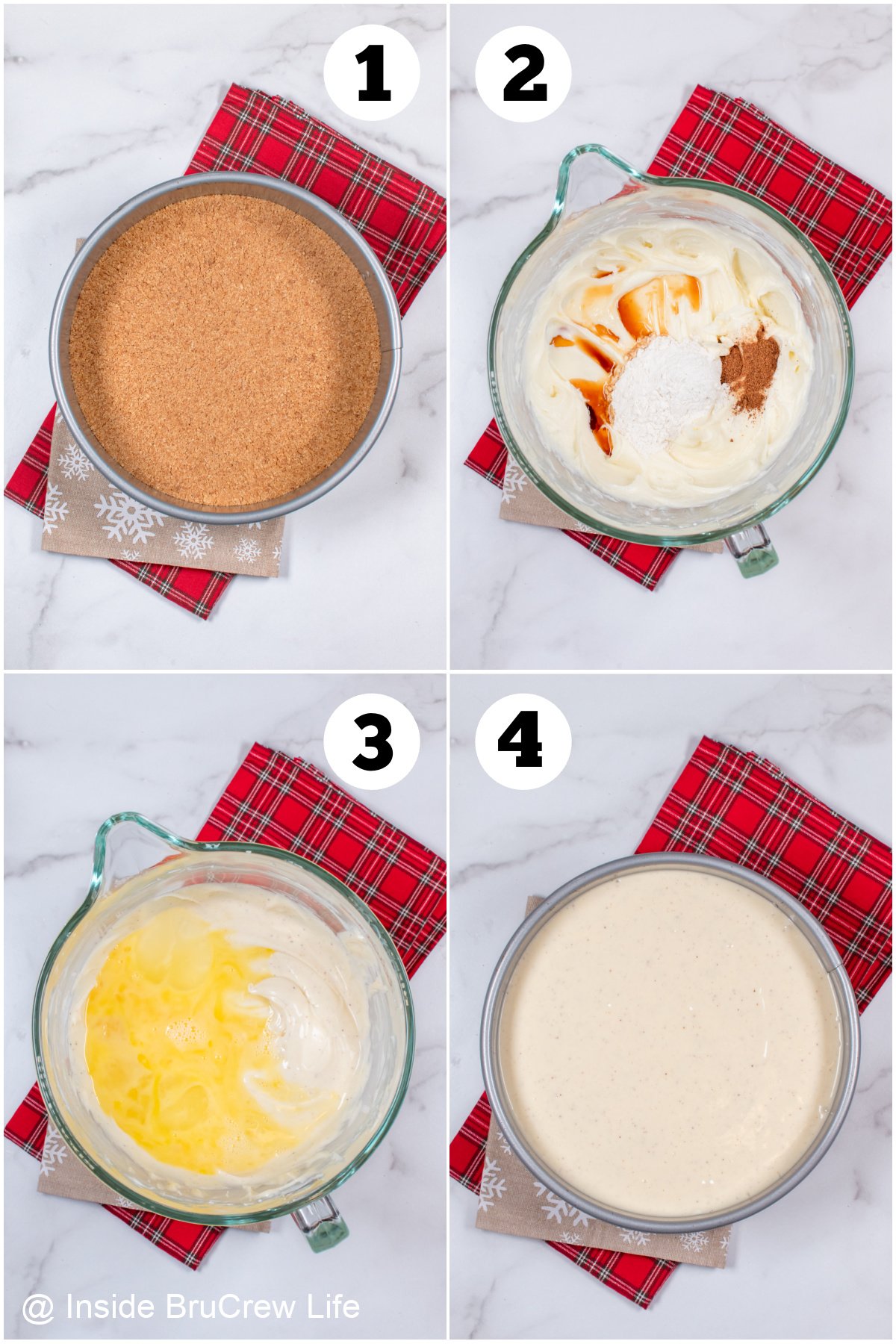 Four pictures collaged together showing how to make eggnog cheesecake batter.