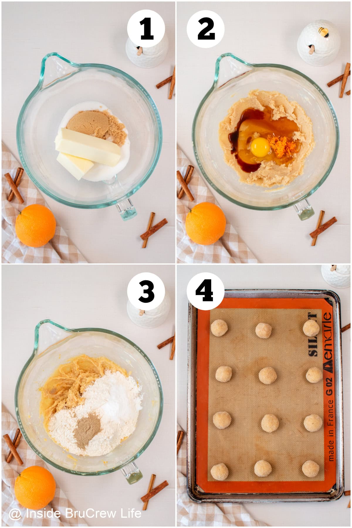 Four pictures collaged together showing how to make cookie dough.