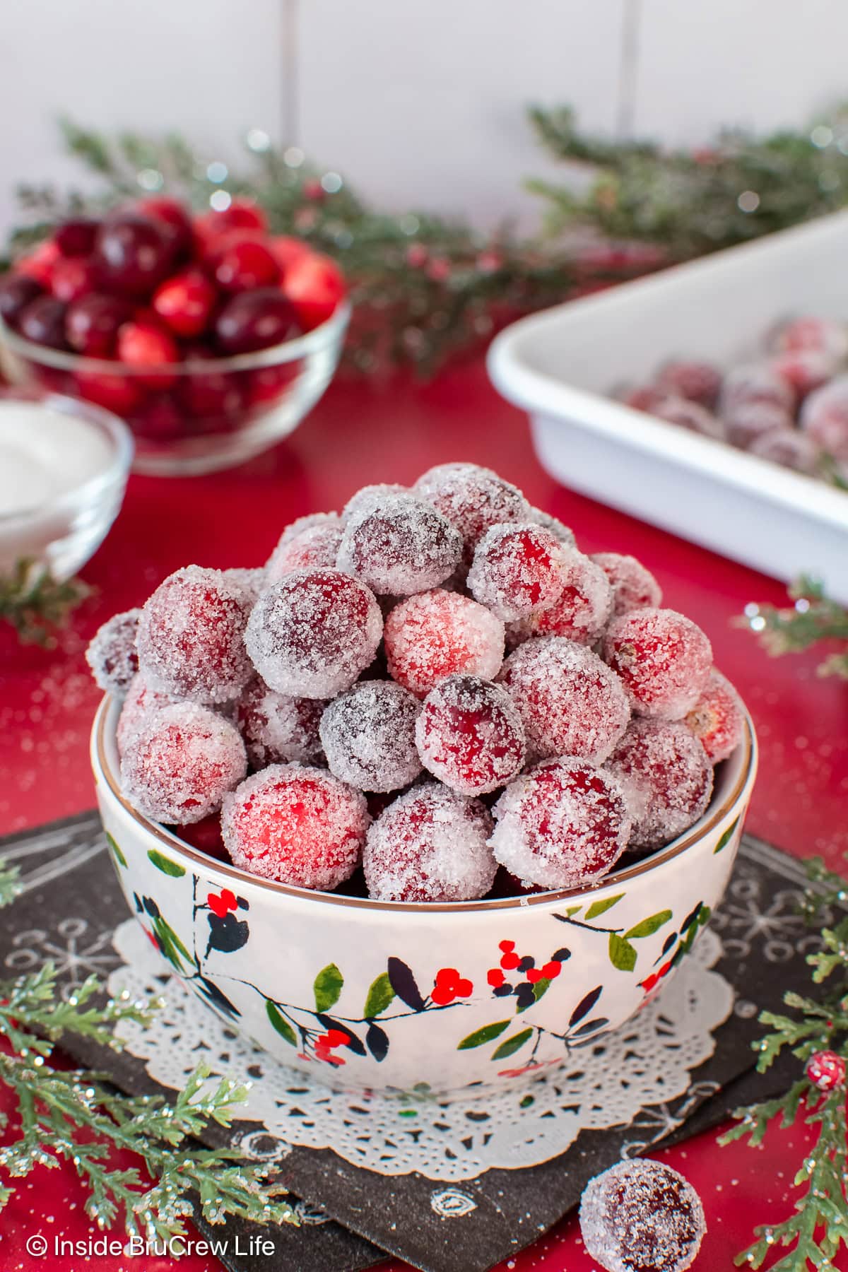 A white holiday bowl filled with sugared cranberries.