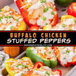 Two pictures of buffalo chicken peppers collaged with a black text box.