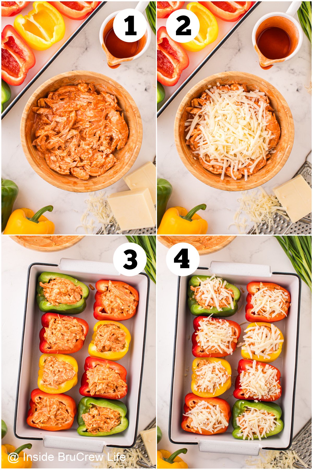 Four pictures collaged together showing how to make stuffed peppers.