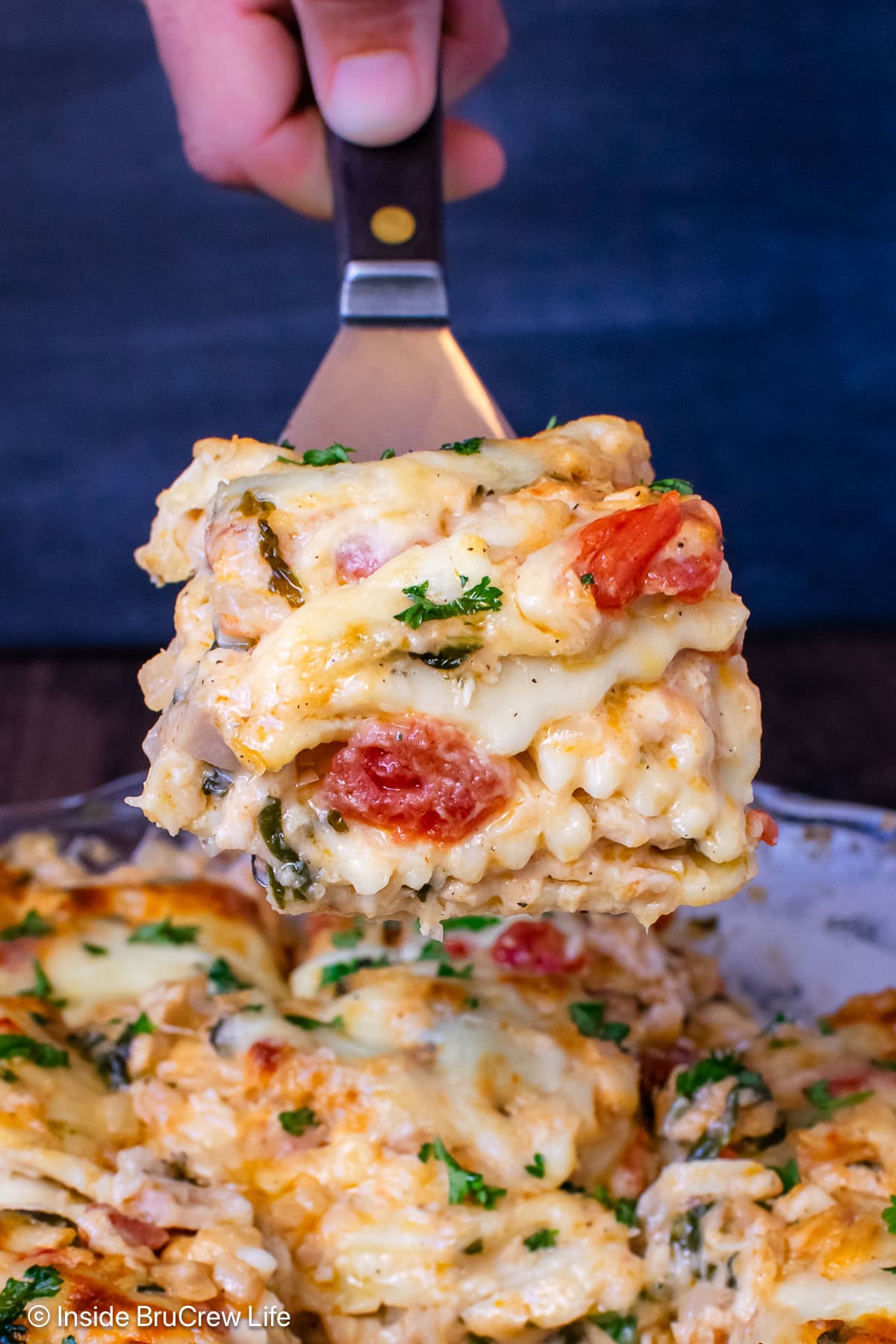 Ravioli lasagna being lifted out of a casserole dish.