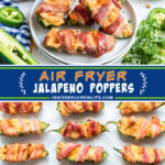 Two pictures of air fryer jalapeno poppers collaged with a blue text box.