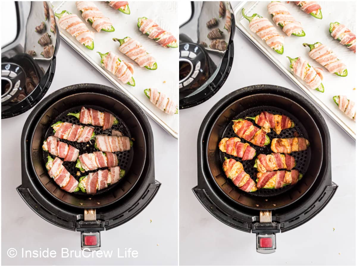 Two pictures collaged together showing how to air fry bacon wrapped jalapenos.