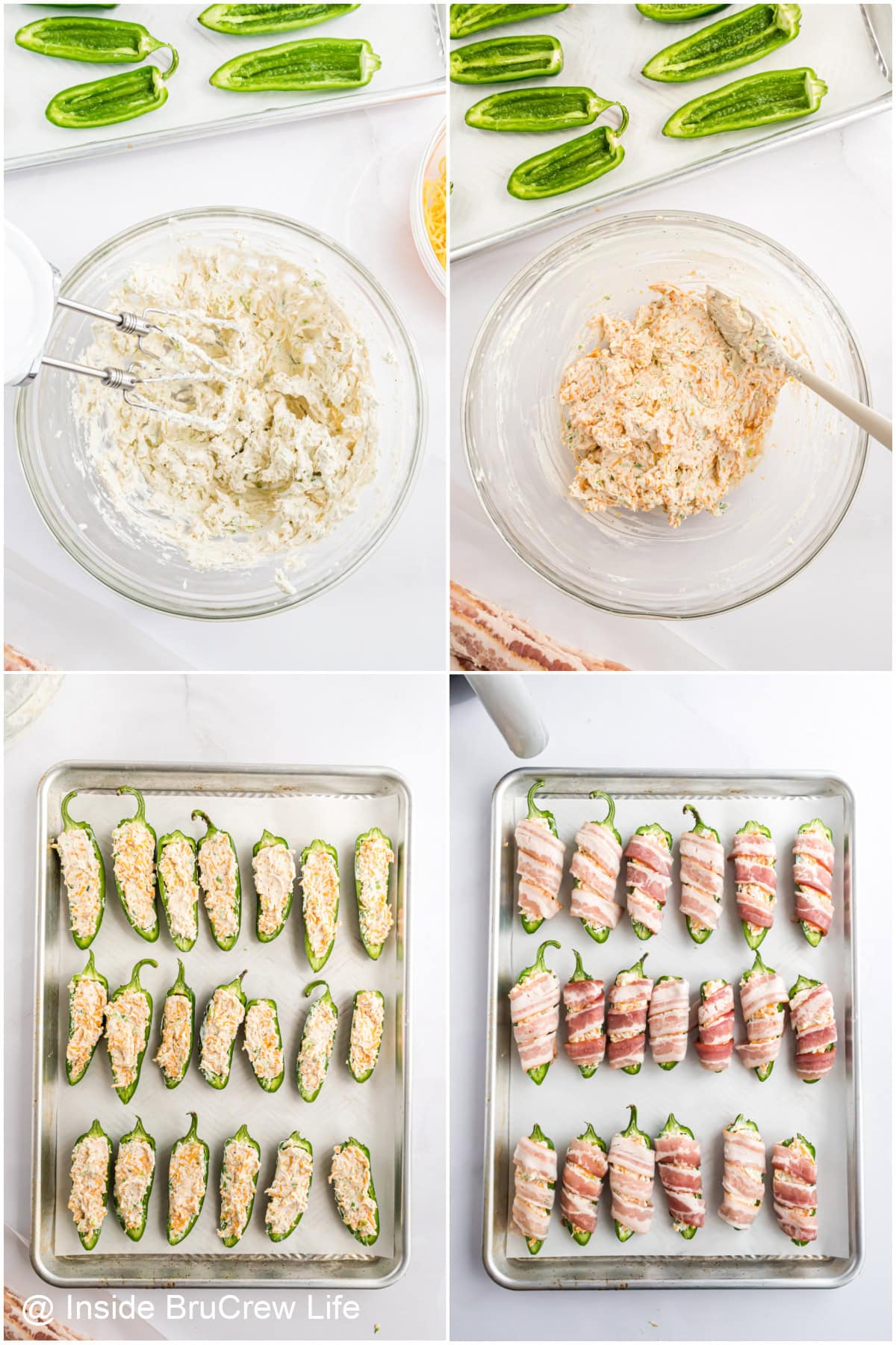 Four pictures collaged together of cheese filling and how to stuff them into jalapeno peppers.