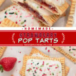 Two pictures of strawberry pop tarts collaged with a red text box.