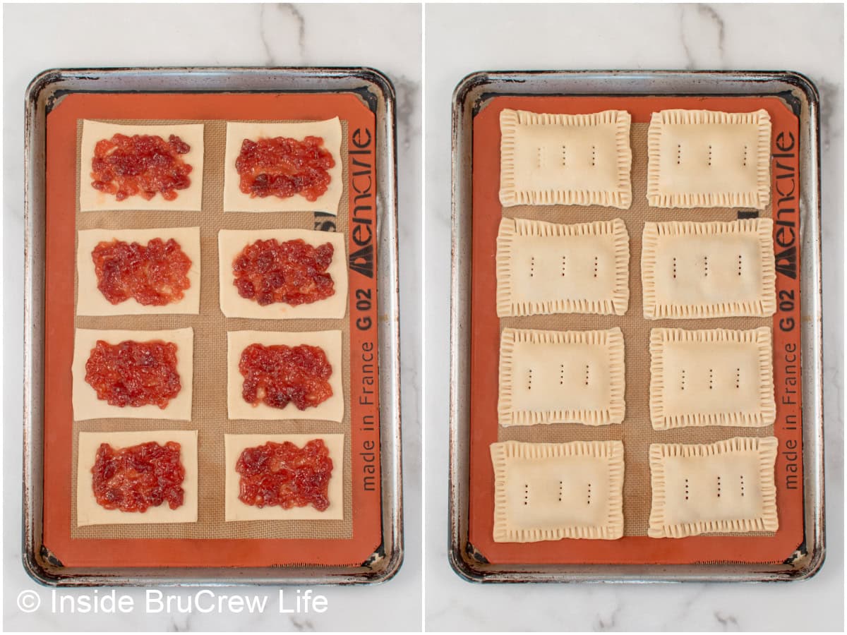 Two pictures of pie crust rectangles filled with strawberry preserves.