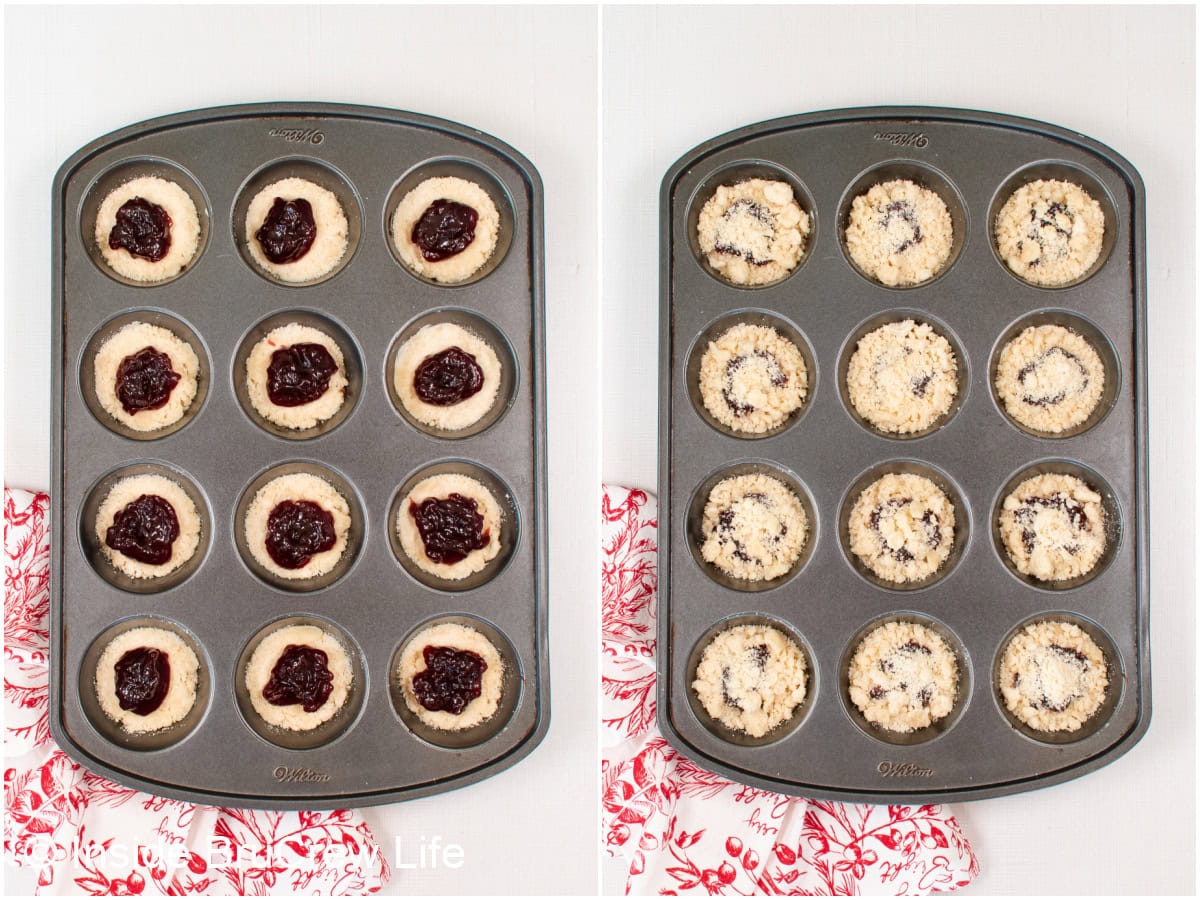 Two pictures of a muffin tin filled with crumble dough and raspberry jam.