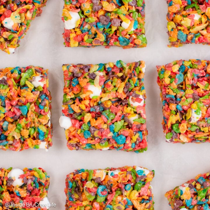 Fruity pebbles treats on a white board.