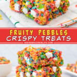 Two pictures of fruity pebbles crispy treats collaged with a red text box.