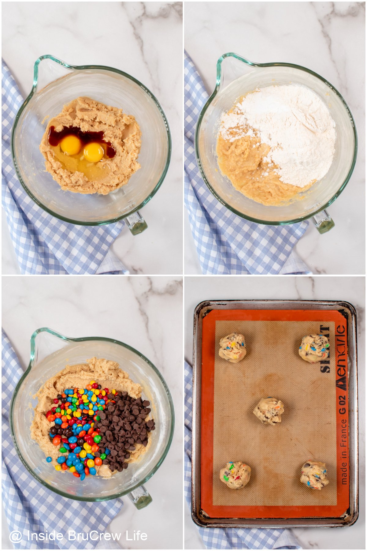 Four pictures showing how to make cookie dough collaged together.