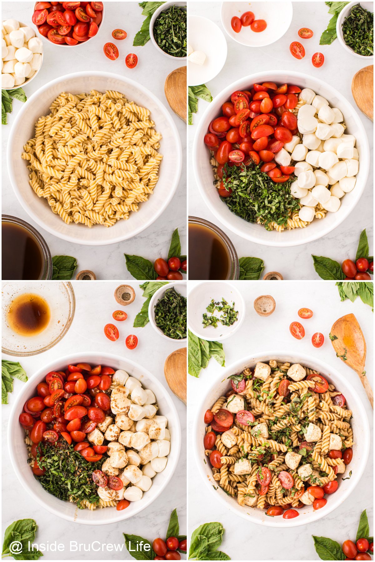 Four pictures collaged together showing the steps to making cold pasta salad.