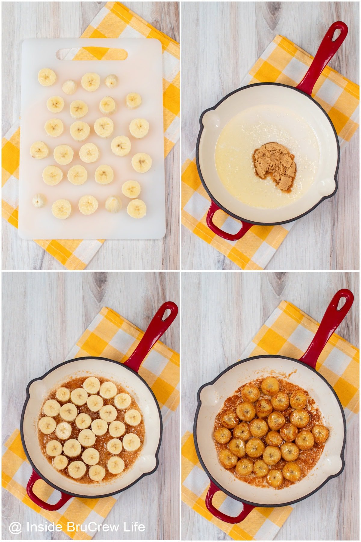 Four pictures collaged together showing how to make caramelized bananas in a skillet.