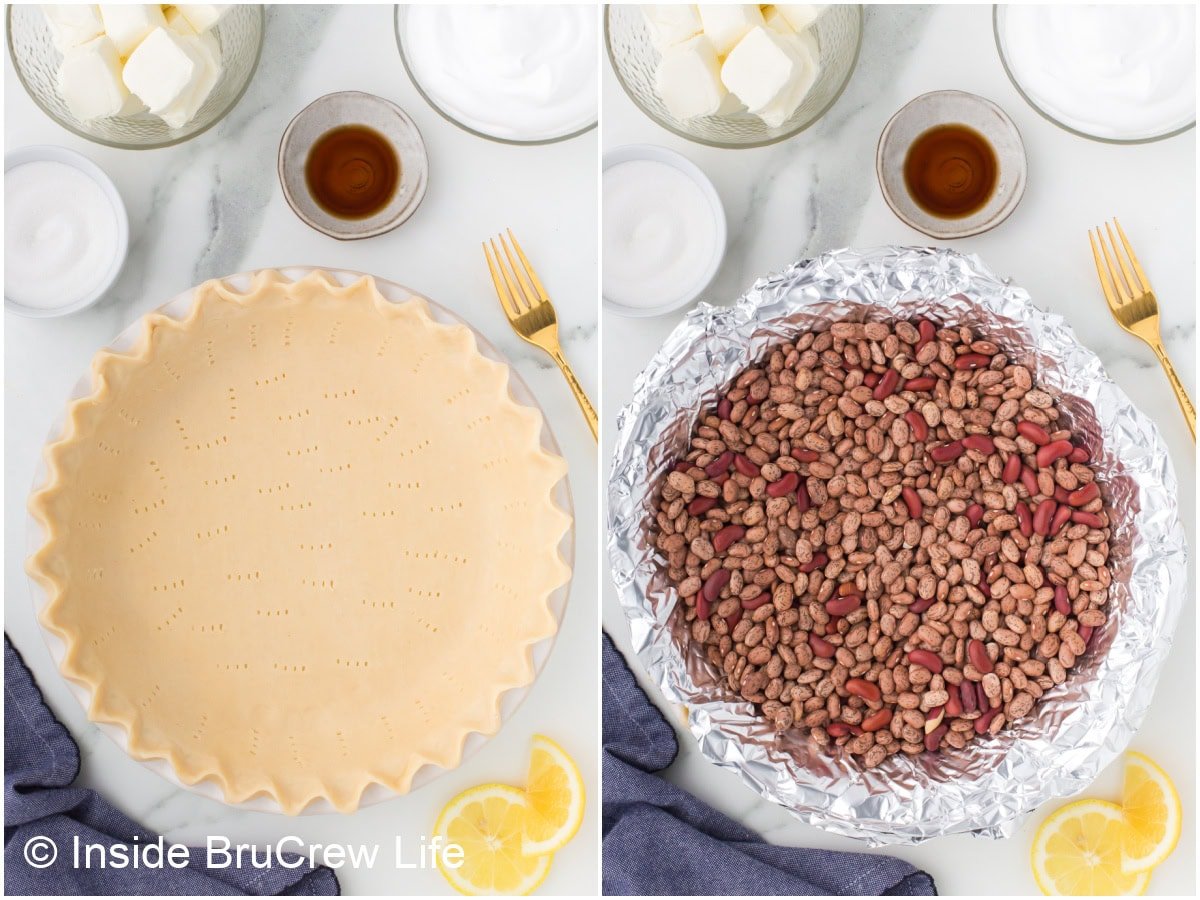 Two pictures collaged together showing how to blind bake a pie crust.