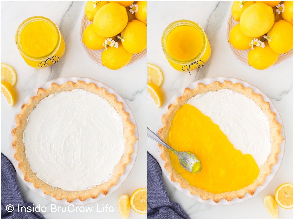 Two pictures collaged together showing how to assemble the cream cheese and lemon layers in pie.