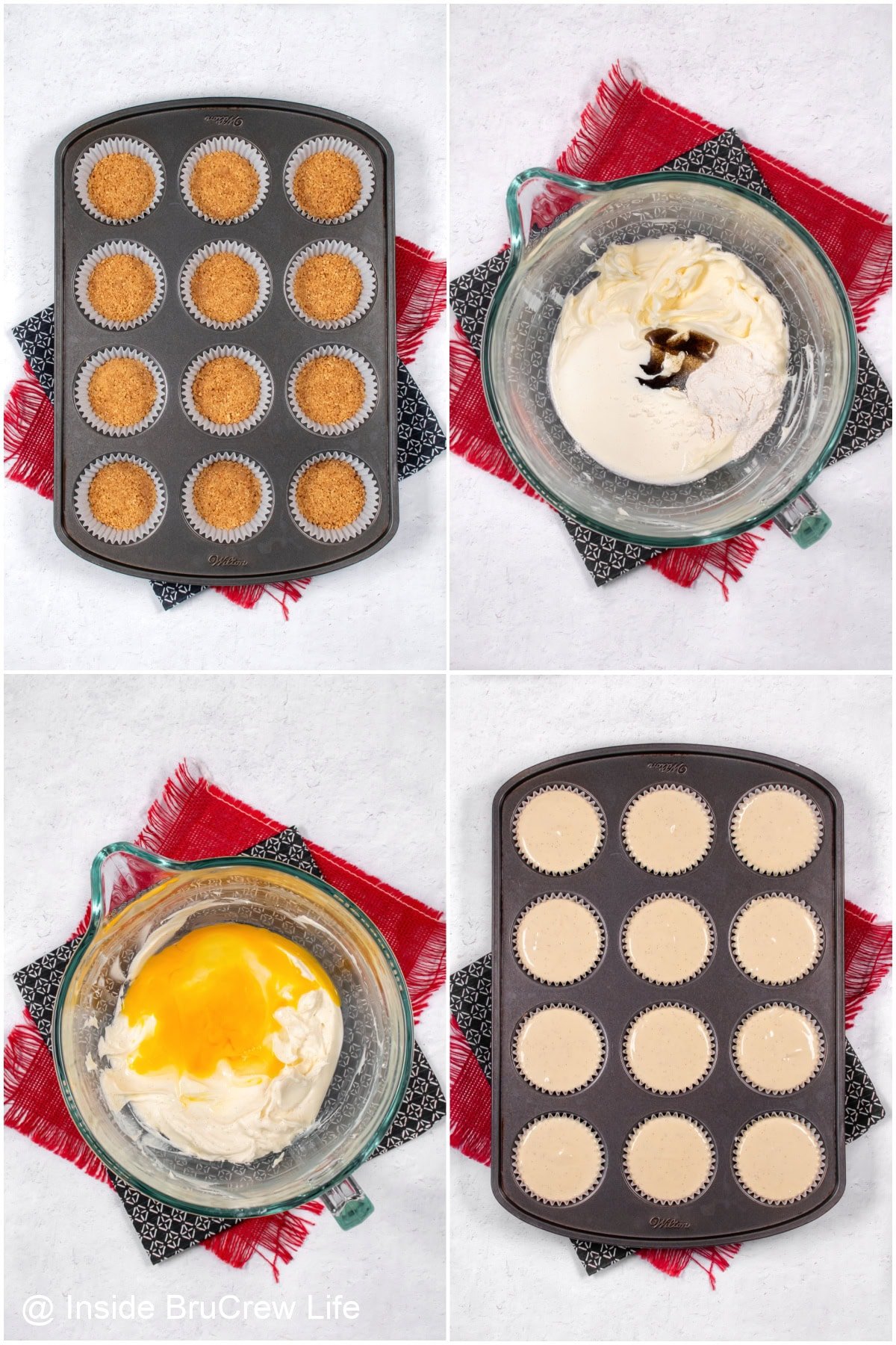Four pictures collaged together showing the steps in making mini cheesecakes in a muffin pan.