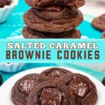 Two pictures of salted caramel brownie cookies collaged with a teal text box.