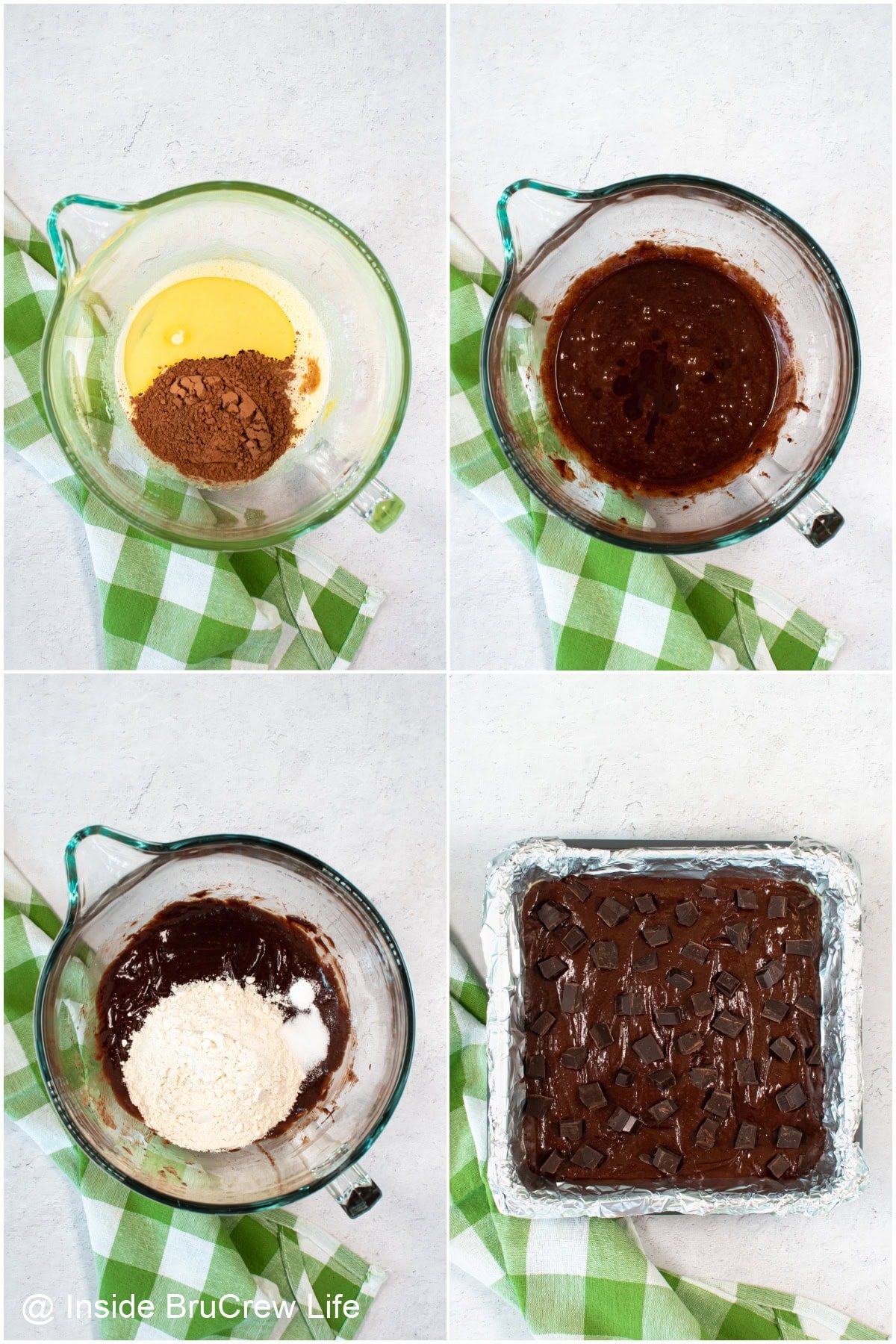 Four pictures showing the step by step process of making brownie batter.