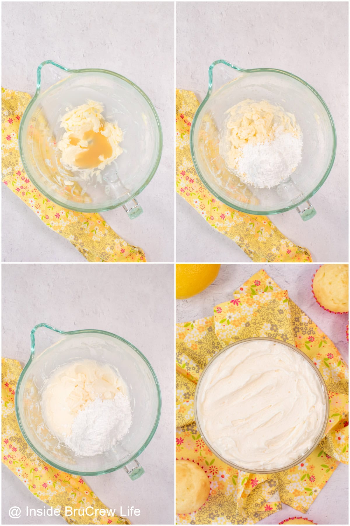 Four pictures collaged together showing the steps to make lemon frosting.
