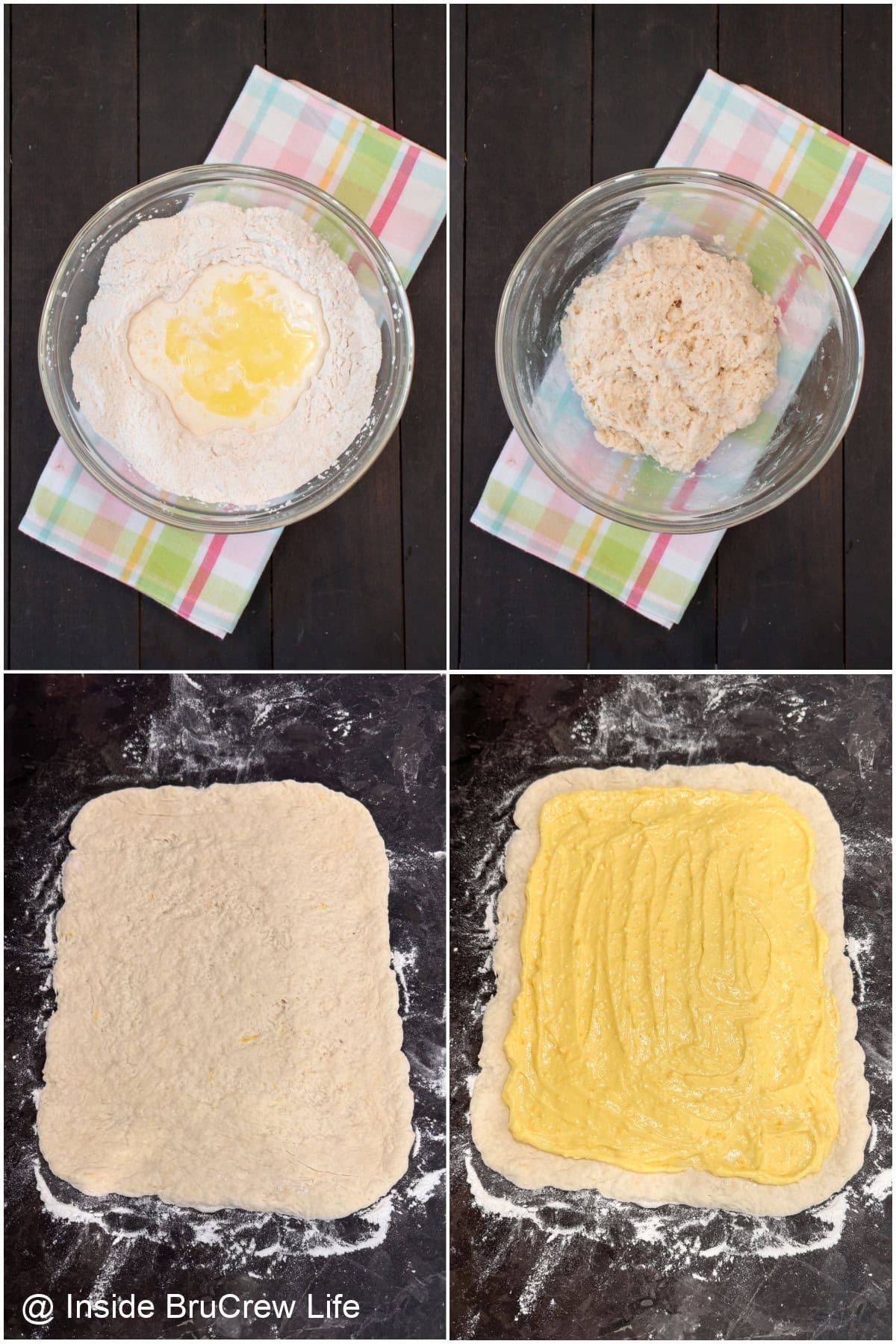 Four pictures collaged together showing how to make no yeast dough.