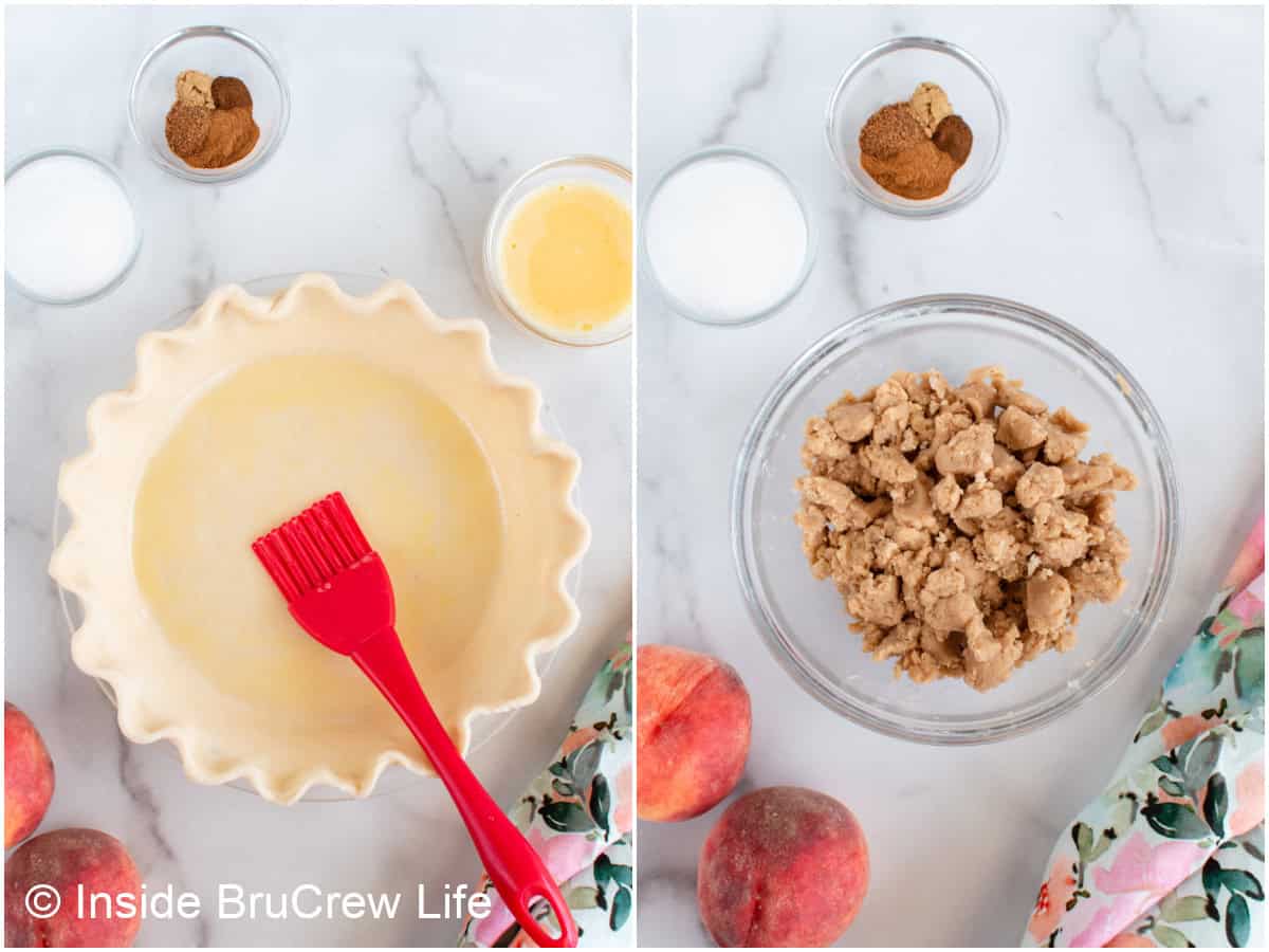 Two pictures collaged together showing how to prep pie crust and crumble topping.