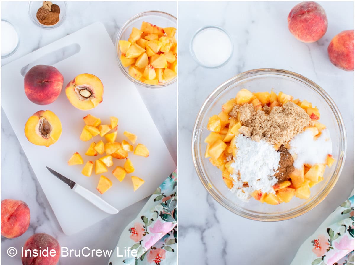 Two pictures showing how to make cut and make peach pie filling.
