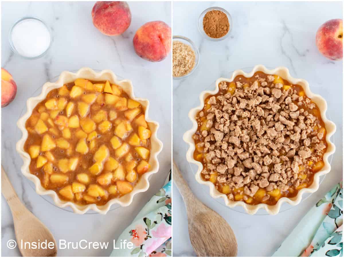 Two pictures showing how to assemble a fresh peach pie.