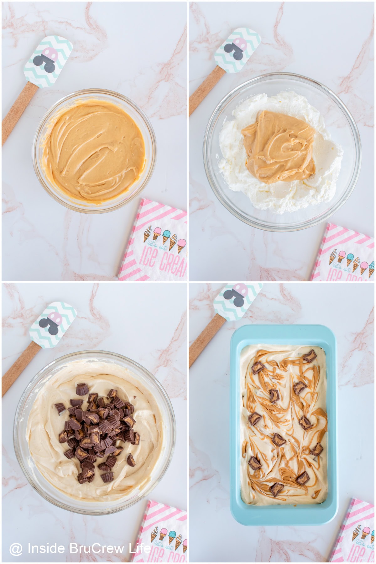 Four pictures showing the steps in making peanut butter ice cream.