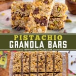 Two pictures of pistachio granola bars collaged with a green text box.
