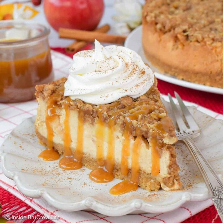 A slice of apple cheesecake with caramel drizzles.