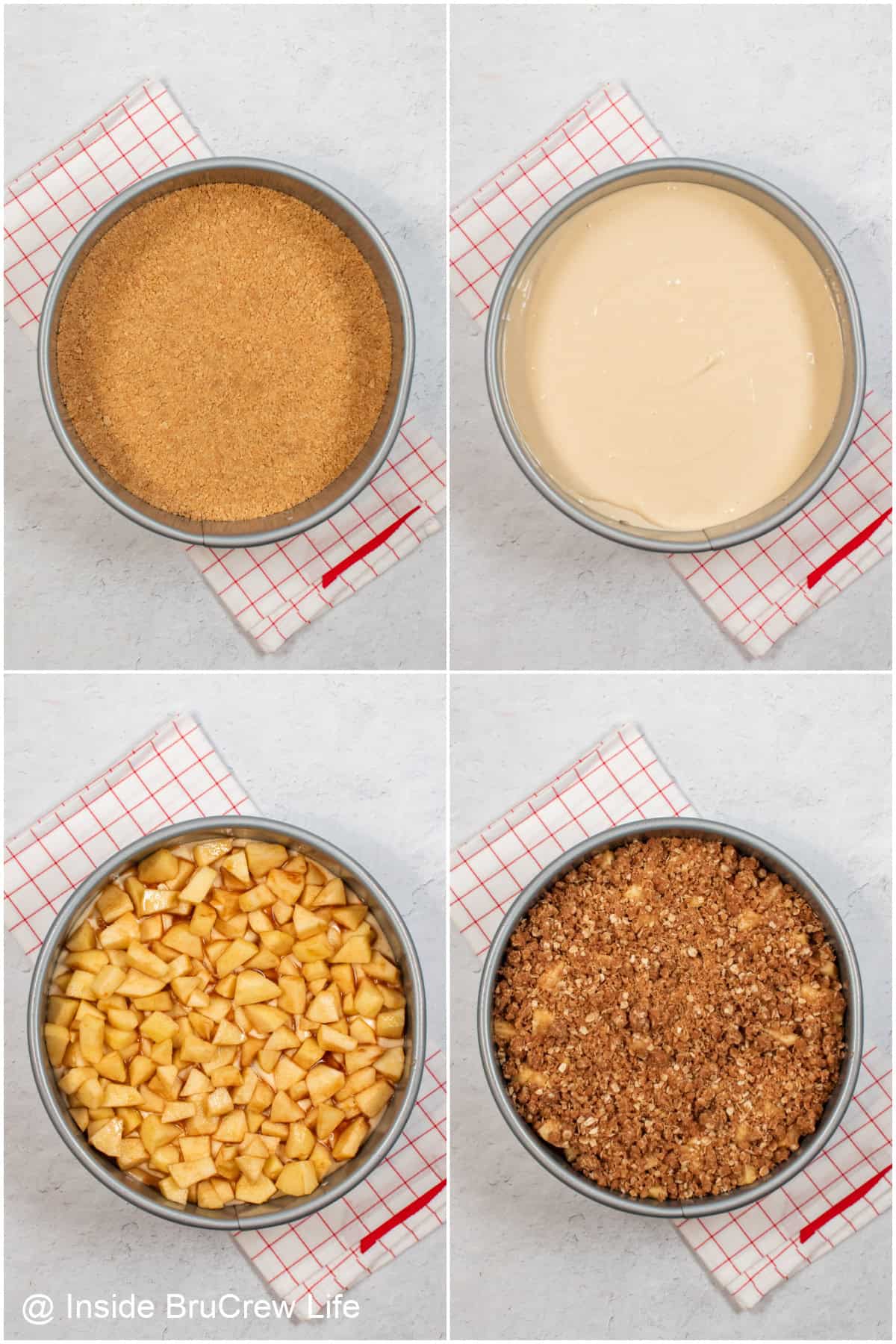 A picture collage showing how to layer an apple crisp cheesecake for baking.