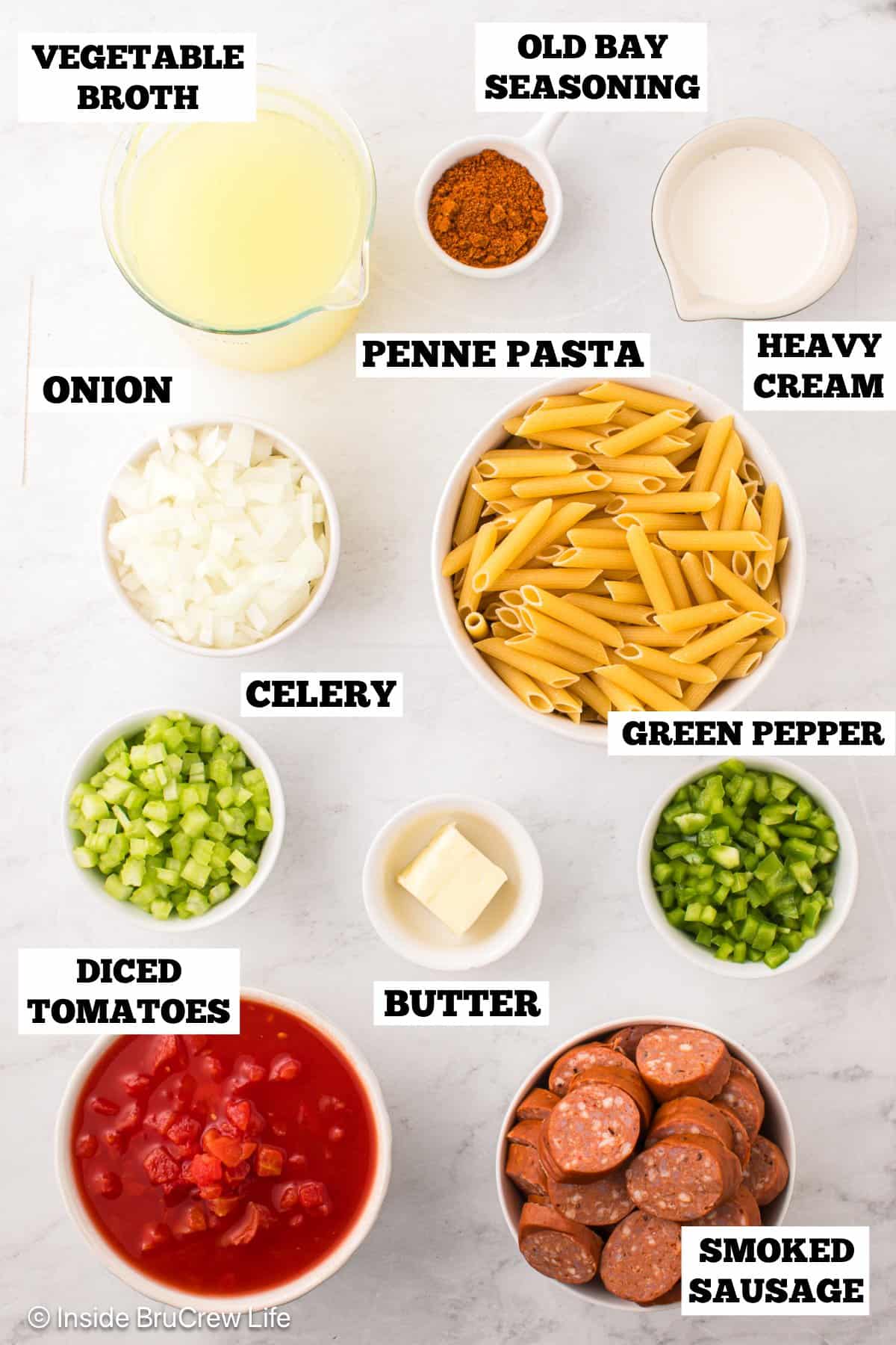 Labeled ingredients for pastalaya.