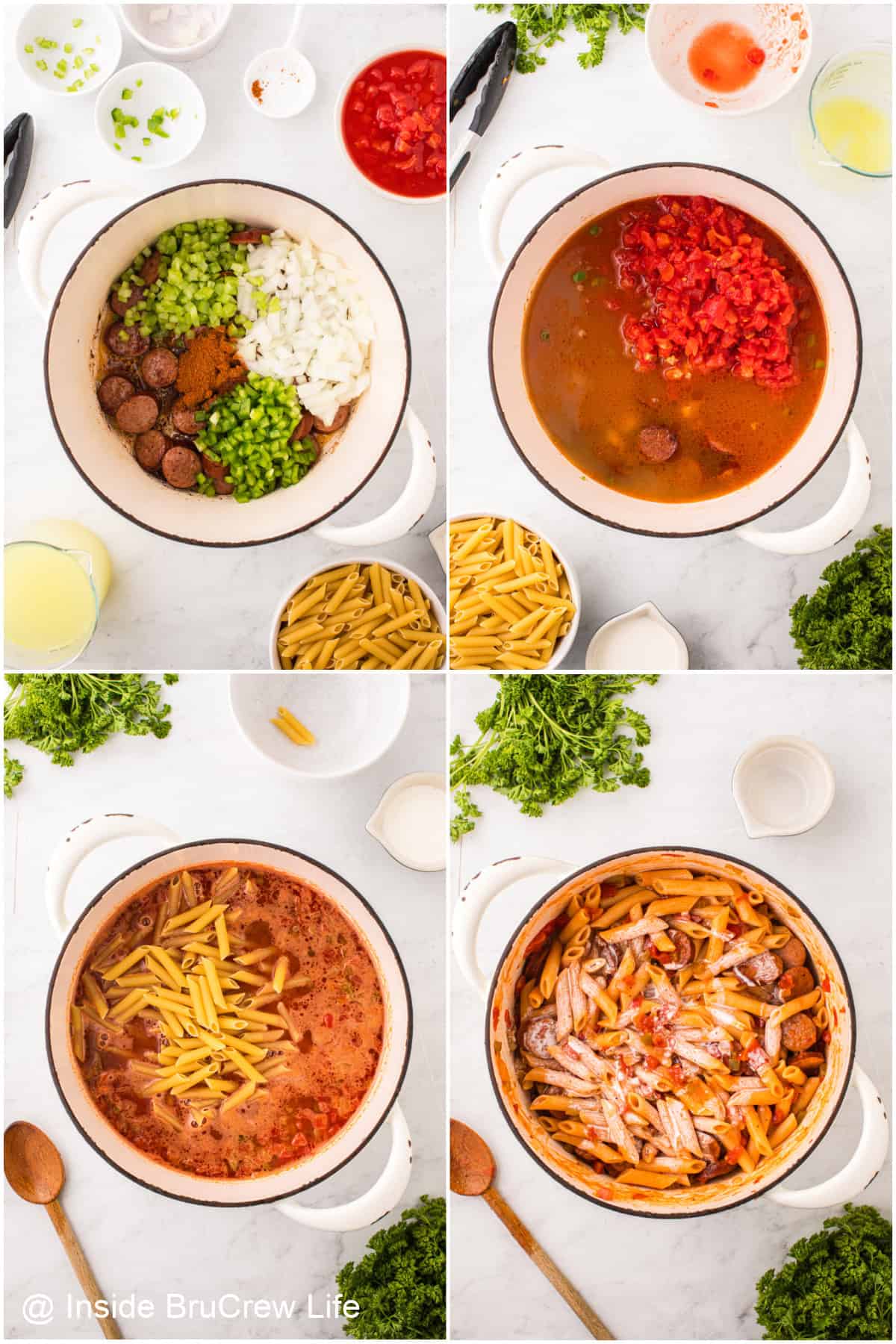 Step-by-step collage of how to make pastalaya.