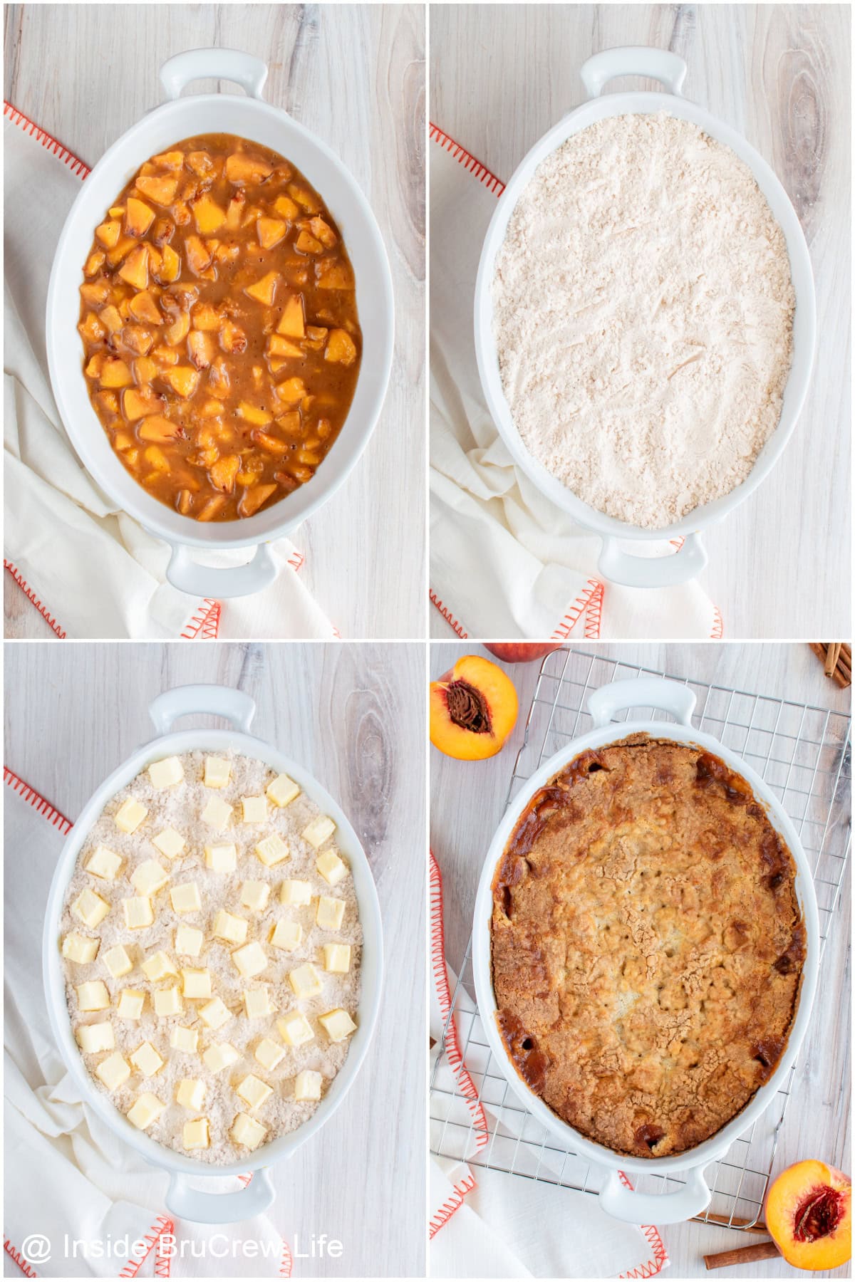 Four pictures collaged together showing how to make a dump cake with peach pie filling.
