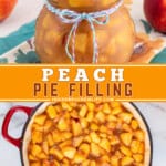 Two pictures of peach pie filling collaged with an orange text box.